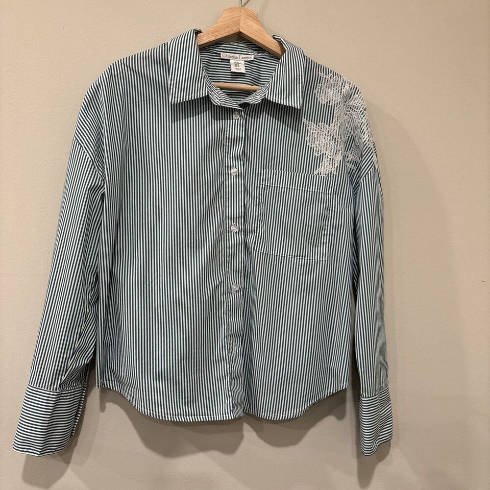 Christian Lacroix Women’s Button Down Shirt Size M Striped‎ With Lace Appliqué